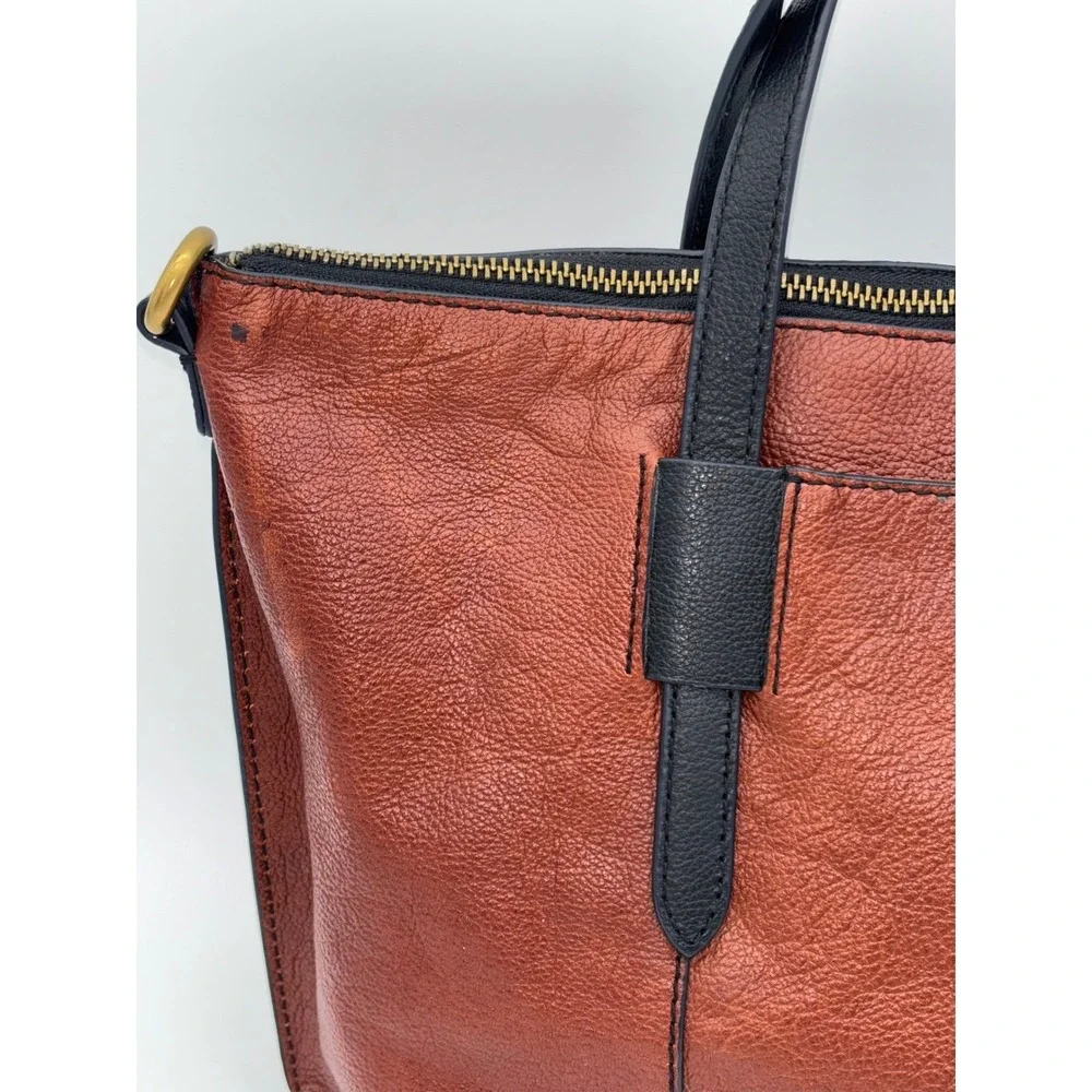 FOSSIL Satchel Brown Leather Handbag Bag‎ Black Suede Skylar RARE Brass Y2K